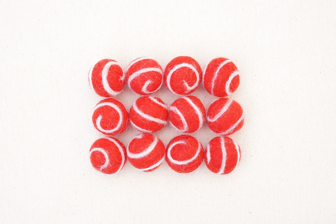 swirl felt balls red with white swirl