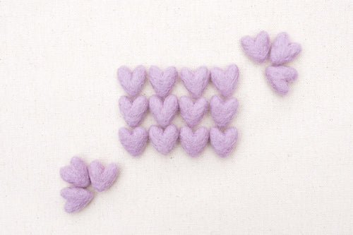mini purple felt hearts, needle felted hearts