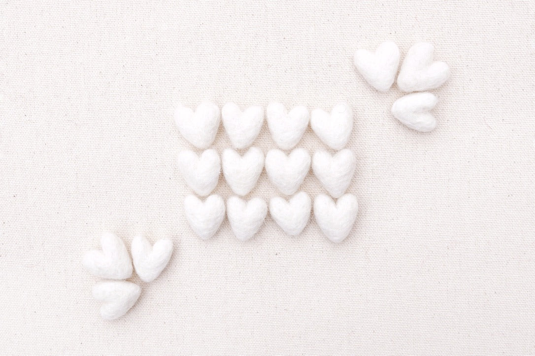 mini white felt hearts, needle felted hearts
