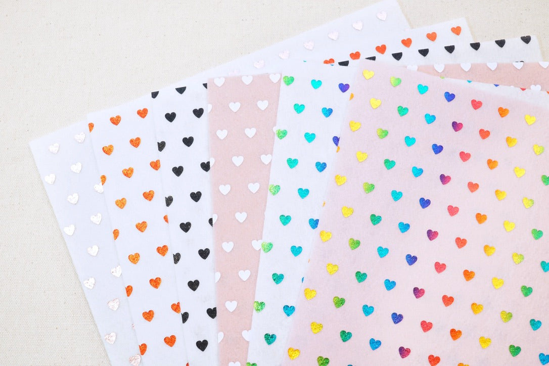 Mini Metallic Black Hearts on White Felt