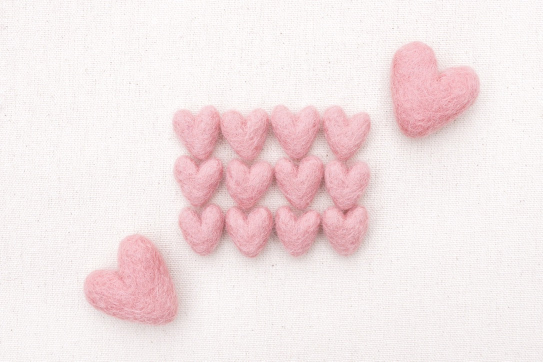 mini dusty pink felt hearts, needle felted hearts