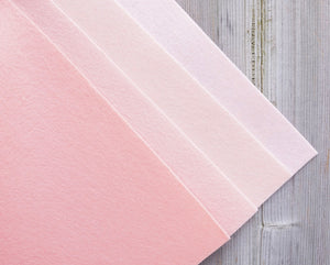 Second photo left to right: french peach, bubble gum, pink skin, barely pink 100% wool felt
